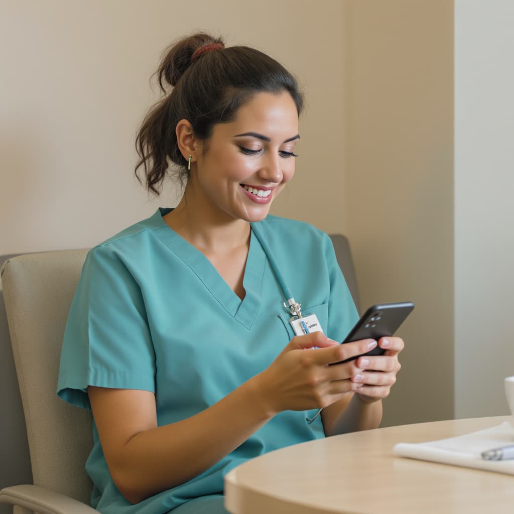 Nurse in scrubs checking work shifts on a phone